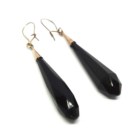 ANTIQUE 9ct Gold & Jet Drop Earrings c.1880