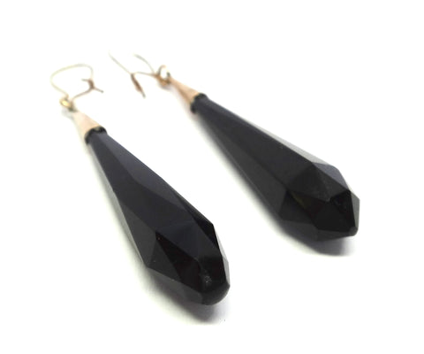 ANTIQUE 9ct Gold & Jet Drop Earrings c.1880
