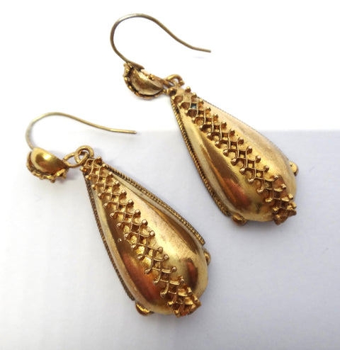 Etruscan Revival 9ct Gold Drop Earrings c.1870