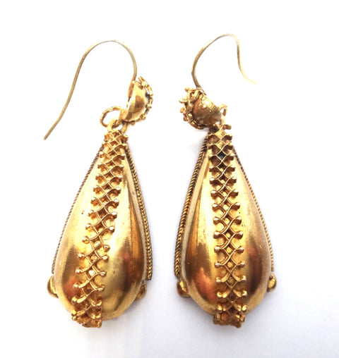 Etruscan Revival 9ct Gold Drop Earrings c.1870