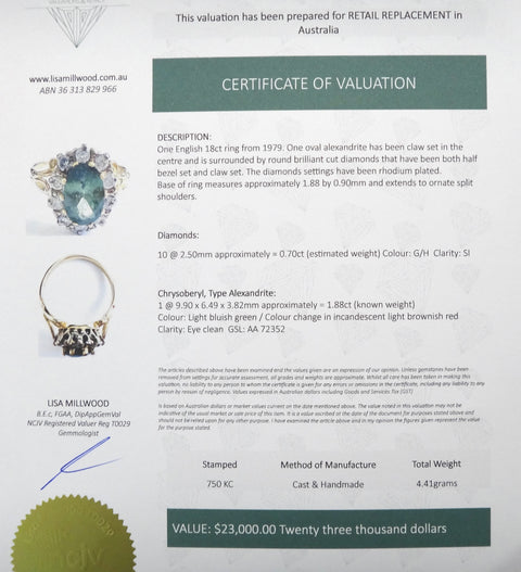 RARE Antique Style 18ct Yellow Gold, NATURAL ALEXANDRITE & Diamond Ring - VAL $23,000