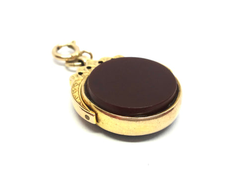 ANTIQUE 9ct Gold, Onyx & Carnelian Spinner Fob Pendant - Birmingham 1914