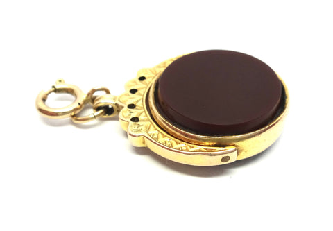ANTIQUE 9ct Gold, Onyx & Carnelian Spinner Fob Pendant - Birmingham 1914