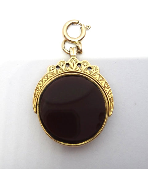 ANTIQUE 9ct Gold, Onyx & Carnelian Spinner Fob Pendant - Birmingham 1914