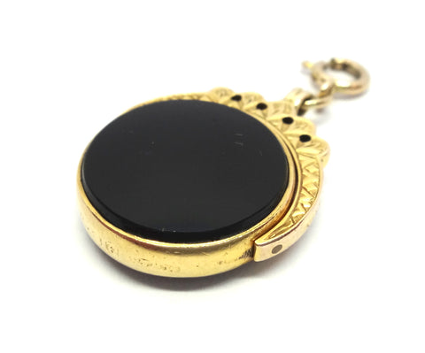 ANTIQUE 9ct Gold, Onyx & Carnelian Spinner Fob Pendant - Birmingham 1914