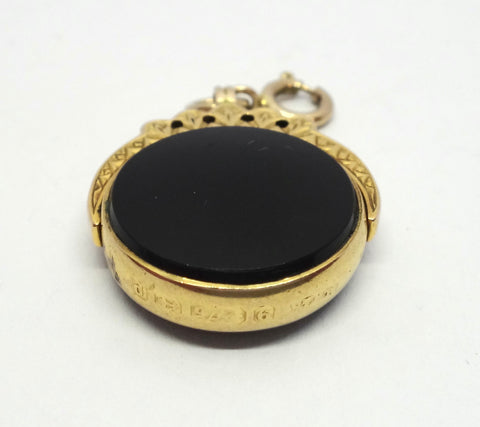 ANTIQUE 9ct Gold, Onyx & Carnelian Spinner Fob Pendant - Birmingham 1914