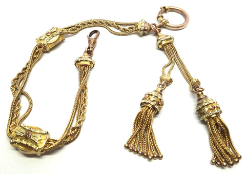 ANTIQUE 9ct Yellow GOLD Albertina Fob Bracelet with Tassel Drop c.1880