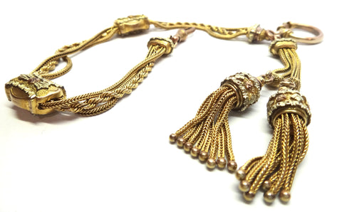 ANTIQUE 9ct Yellow GOLD Albertina Fob Bracelet with Tassel Drop c.1880