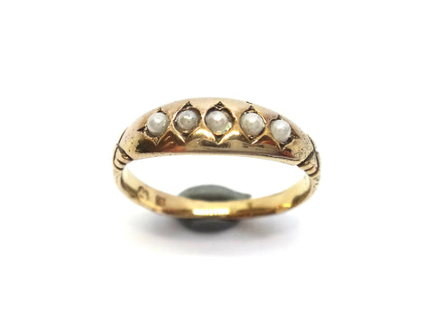 ANTIQUE 15ct Yellow Gold & Pearl Line Ring c.1900