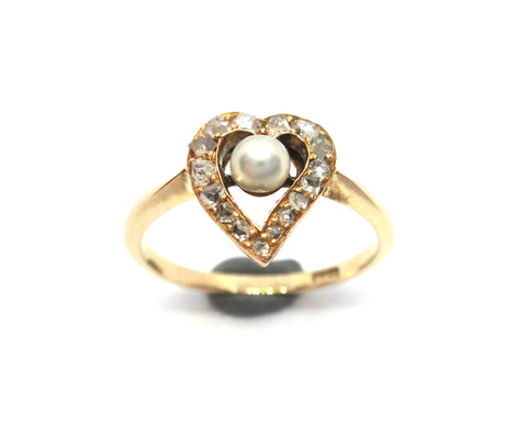 ANTIQUE 9ct Yellow Gold, Diamond & Pearl Witches Heart Ring c.1880