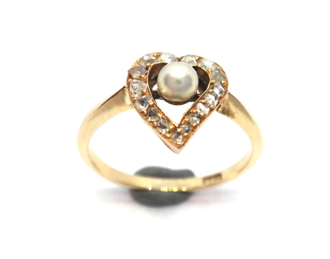 ANTIQUE 9ct Yellow Gold, Diamond & Pearl Witches Heart Ring c.1880