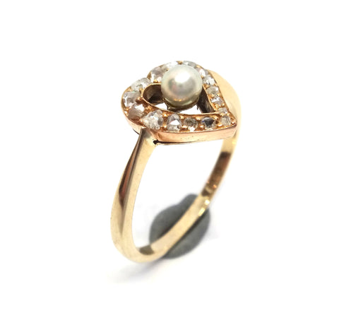 ANTIQUE 9ct Yellow Gold, Diamond & Pearl Witches Heart Ring c.1880