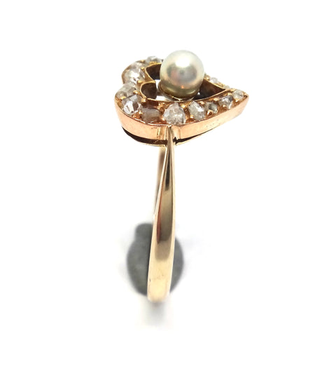ANTIQUE 9ct Yellow Gold, Diamond & Pearl Witches Heart Ring c.1880