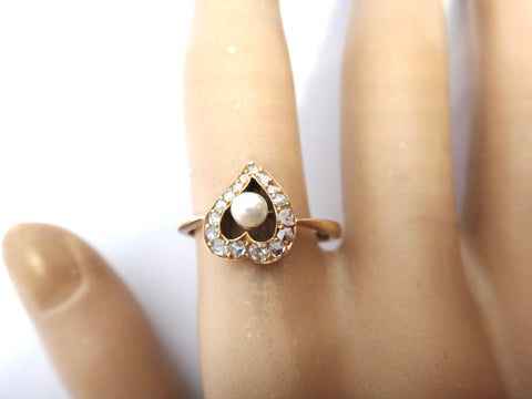 ANTIQUE 9ct Yellow Gold, Diamond & Pearl Witches Heart Ring c.1880