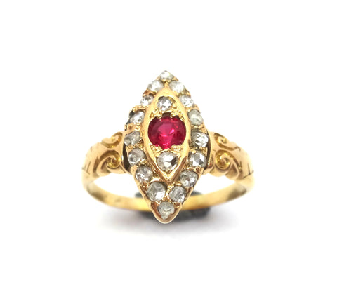 ANTIQUE 18ct Yellow Gold, Ruby & Diamond Navette Shaped Ring c.1910