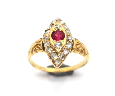 ANTIQUE 18ct Yellow Gold, Ruby & Diamond Navette Shaped Ring c.1910