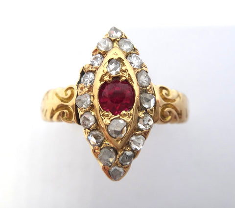 ANTIQUE 18ct Yellow Gold, Ruby & Diamond Navette Shaped Ring c.1910