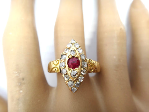 ANTIQUE 18ct Yellow Gold, Ruby & Diamond Navette Shaped Ring c.1910