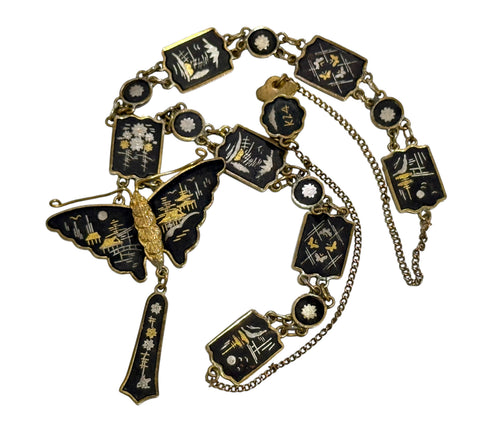 Japanese Damascene Necklace, circa 1920, 24 Carat Gold inlays