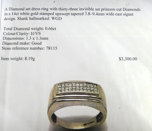 Mens 14ct White GOLD & Princess Cut Diamond Ring VAL $3,300