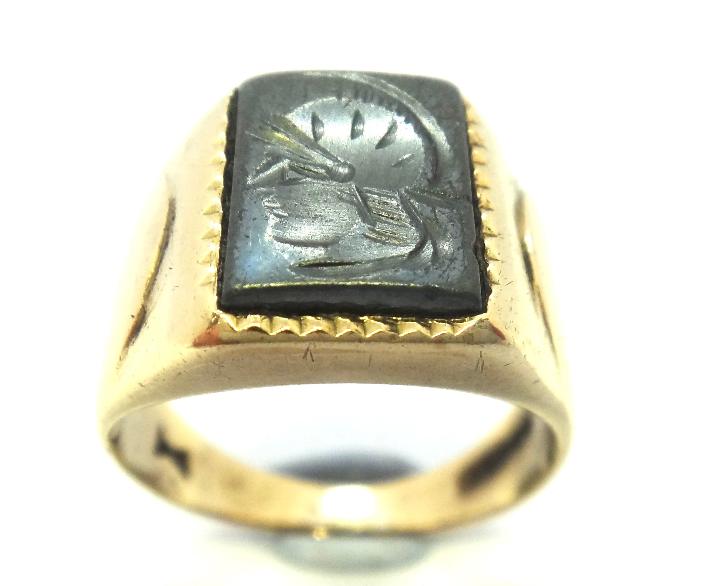 Mens 9ct Yellow GOLD & Carved Hematite Warrior Ring
