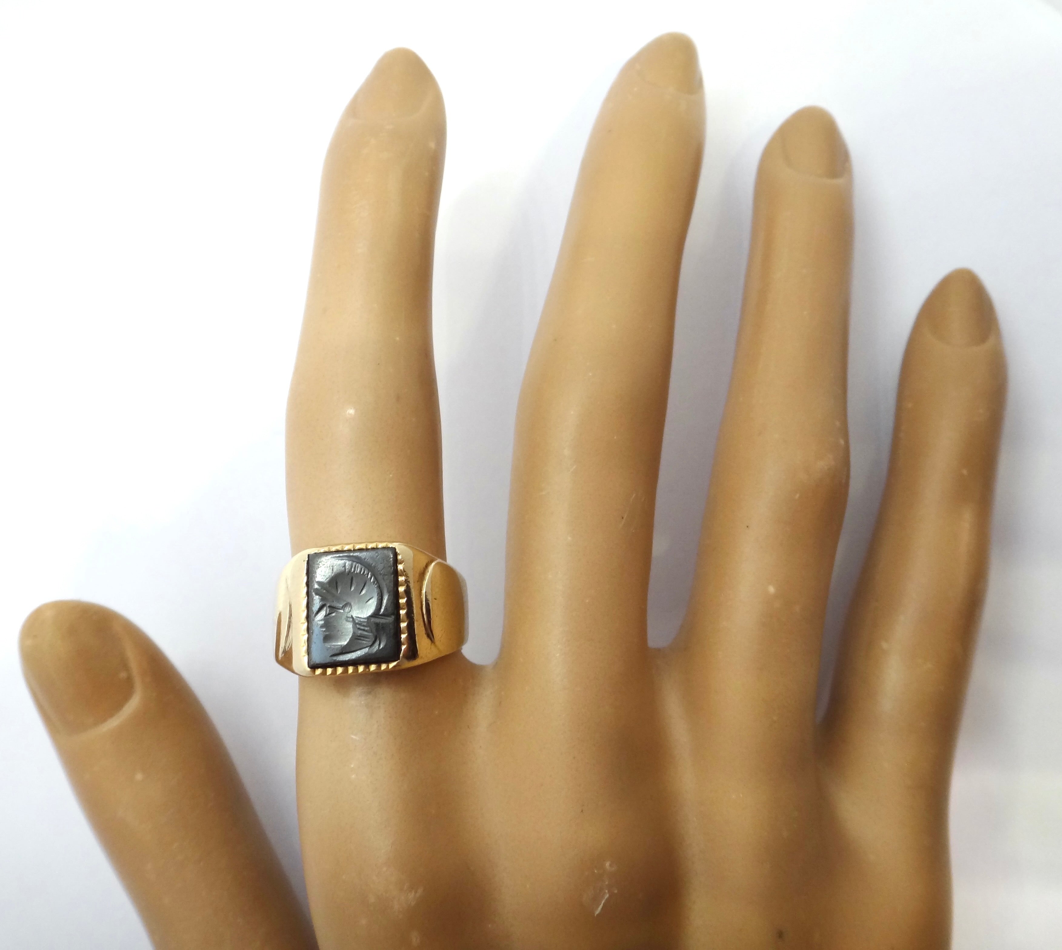Mens 9ct Yellow GOLD & Carved Hematite Warrior Ring