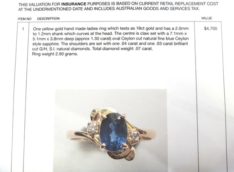 18CT Yellow GOLD, Fine Blue Ceylon Sapphire Ring VAL $4,700