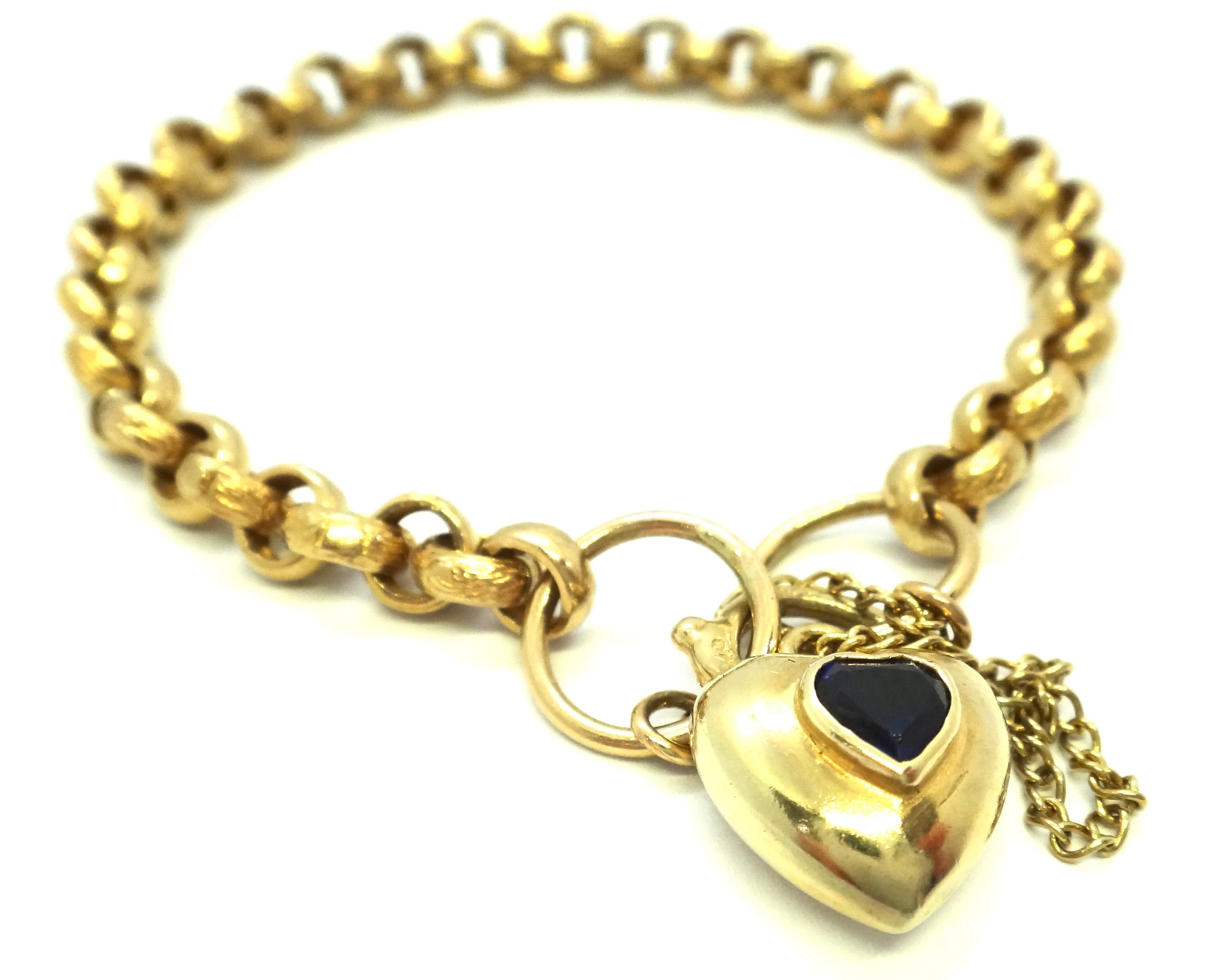 9ct Yellow Gold, Patterned Belcher Link Bracelet with Heart Lock