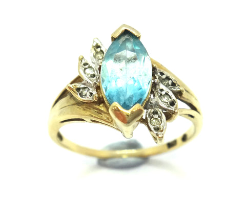 9ct Yellow Gold, Marquise Cut Blue Topaz & Diamond Ring