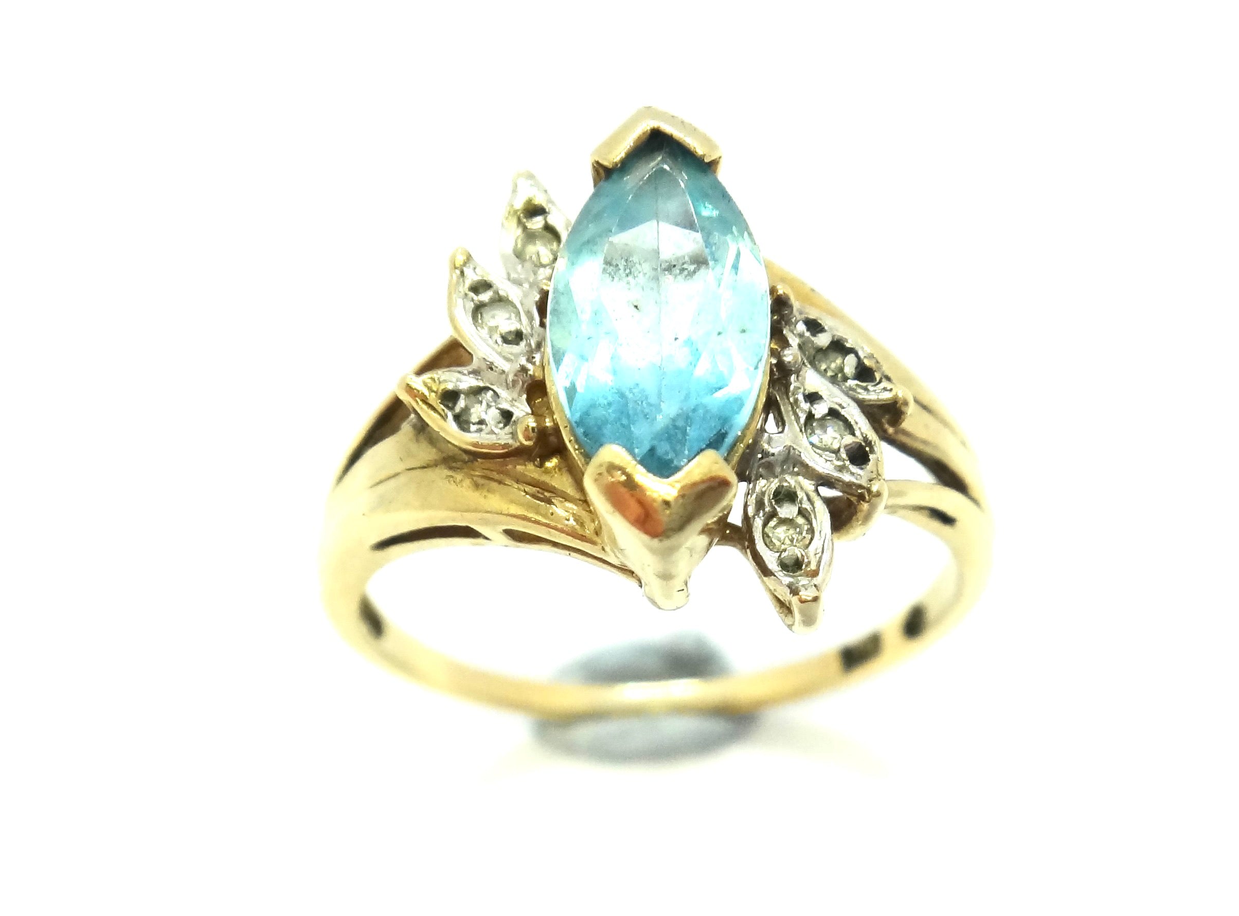 9ct Yellow Gold, Marquise Cut Blue Topaz & Diamond Ring