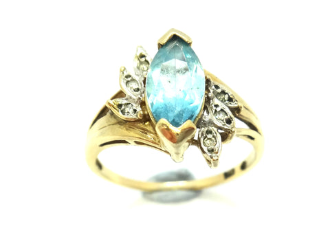 9ct Yellow Gold, Marquise Cut Blue Topaz & Diamond Ring