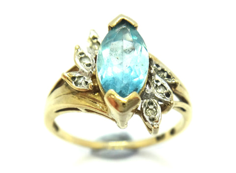 9ct Yellow Gold, Marquise Cut Blue Topaz & Diamond Ring