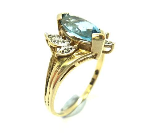 9ct Yellow Gold, Marquise Cut Blue Topaz & Diamond Ring