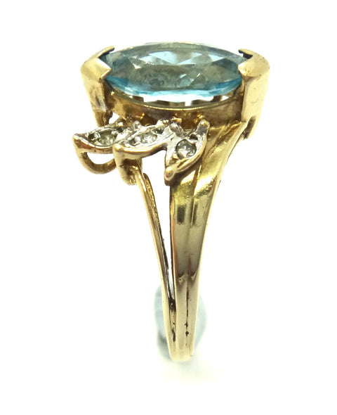 9ct Yellow Gold, Marquise Cut Blue Topaz & Diamond Ring