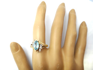 9ct Yellow Gold, Marquise Cut Blue Topaz & Diamond Ring