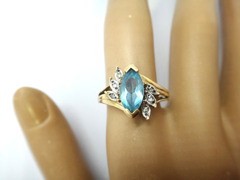 9ct Yellow Gold, Marquise Cut Blue Topaz & Diamond Ring