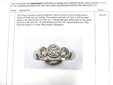 Platinum, 3 Stone Diamond Ring, VAL $5,270