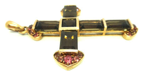 9ct Rose Gold, Smoky Quartz & Pink Tourmaline CROSS Pendant