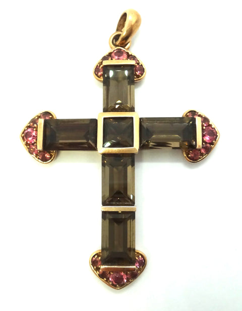 9ct Rose Gold, Smoky Quartz & Pink Tourmaline CROSS Pendant