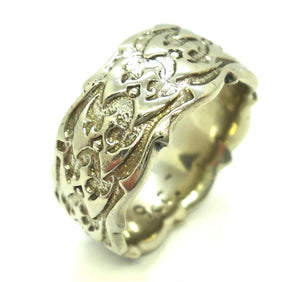 Mens 9ct White GOLD Patterned Band Ring