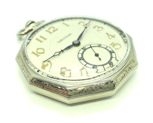 18ct White GOLD Engraved Decagon Shaped WALTHAM Pocket Watch, VAL $4,800