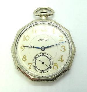 18ct White GOLD Engraved Decagon Shaped WALTHAM Pocket Watch, VAL $4,800