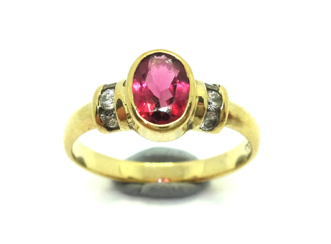 9ct Yellow GOLD, Red Tourmaline & Diamond Ring VAL $1,700