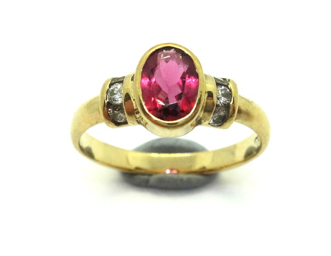 9ct Yellow GOLD, Red Tourmaline & Diamond Ring VAL $1,700