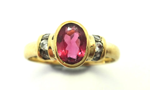 9ct Yellow GOLD, Red Tourmaline & Diamond Ring VAL $1,700