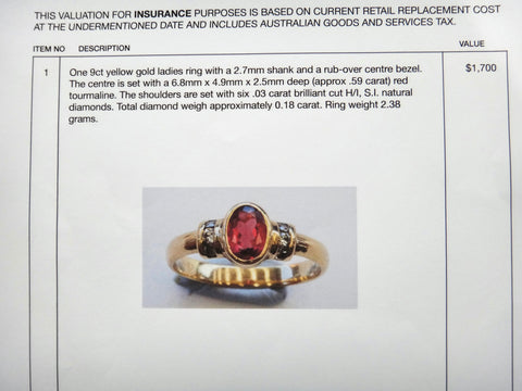 9ct Yellow GOLD, Red Tourmaline & Diamond Ring VAL $1,700