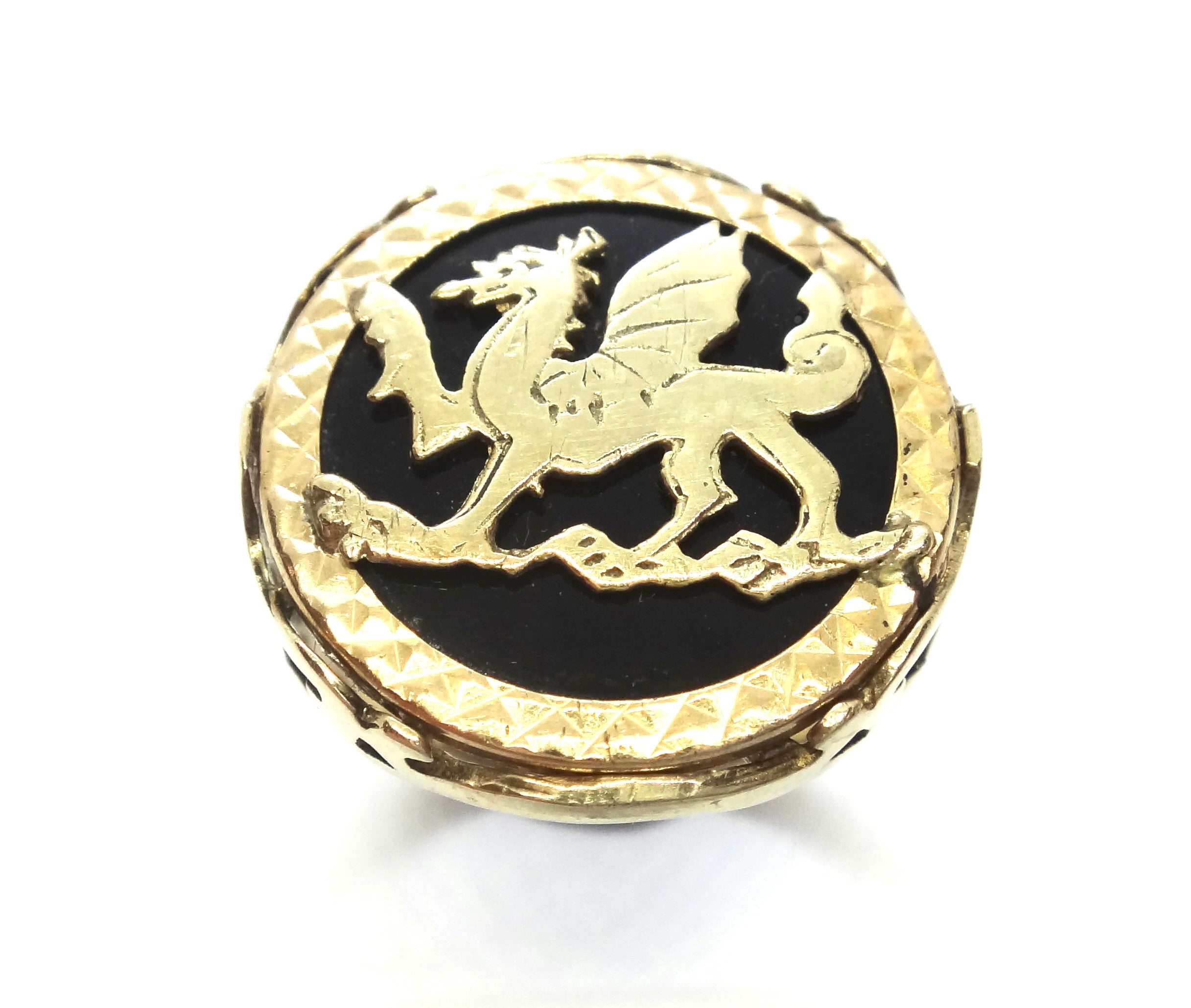 Mens 9ct Yellow GOLD & Onyx Welsh Dragon Ring