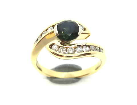 18ct Yellow Gold, GREEN Sapphire & Diamond Ring