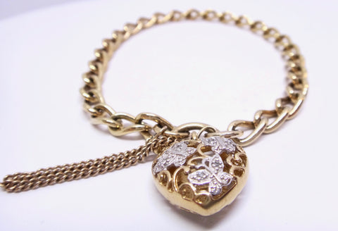 9CT Yellow GOLD Curb Link Style Bracelet with DIAMOND Butterfly Heart Locket