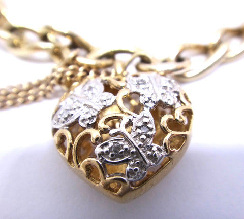 9CT Yellow GOLD Curb Link Style Bracelet with DIAMOND Butterfly Heart Locket